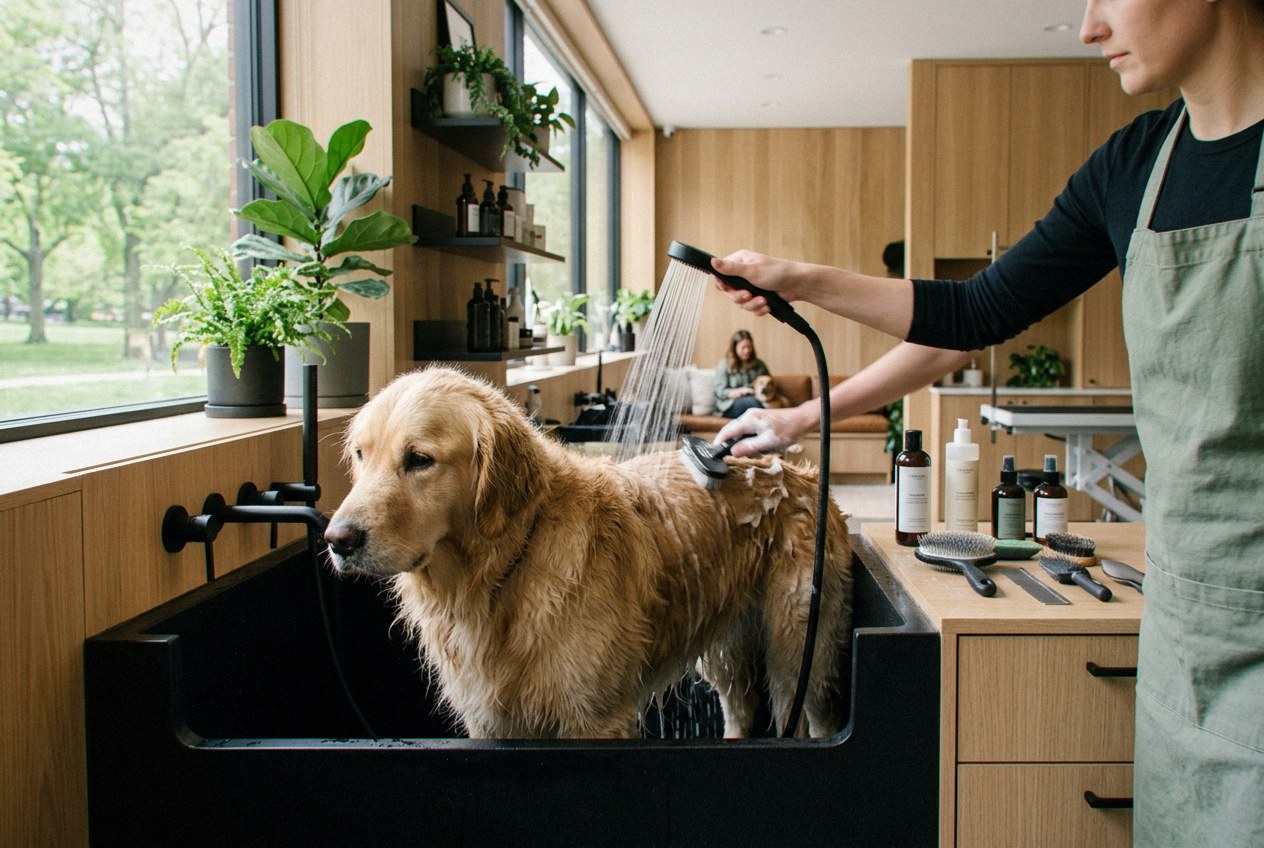 A large golden retriever getting a de-shedding bath at Cottonbloom in Cerro Vista — de-shed deluxe for double-coated big dogs