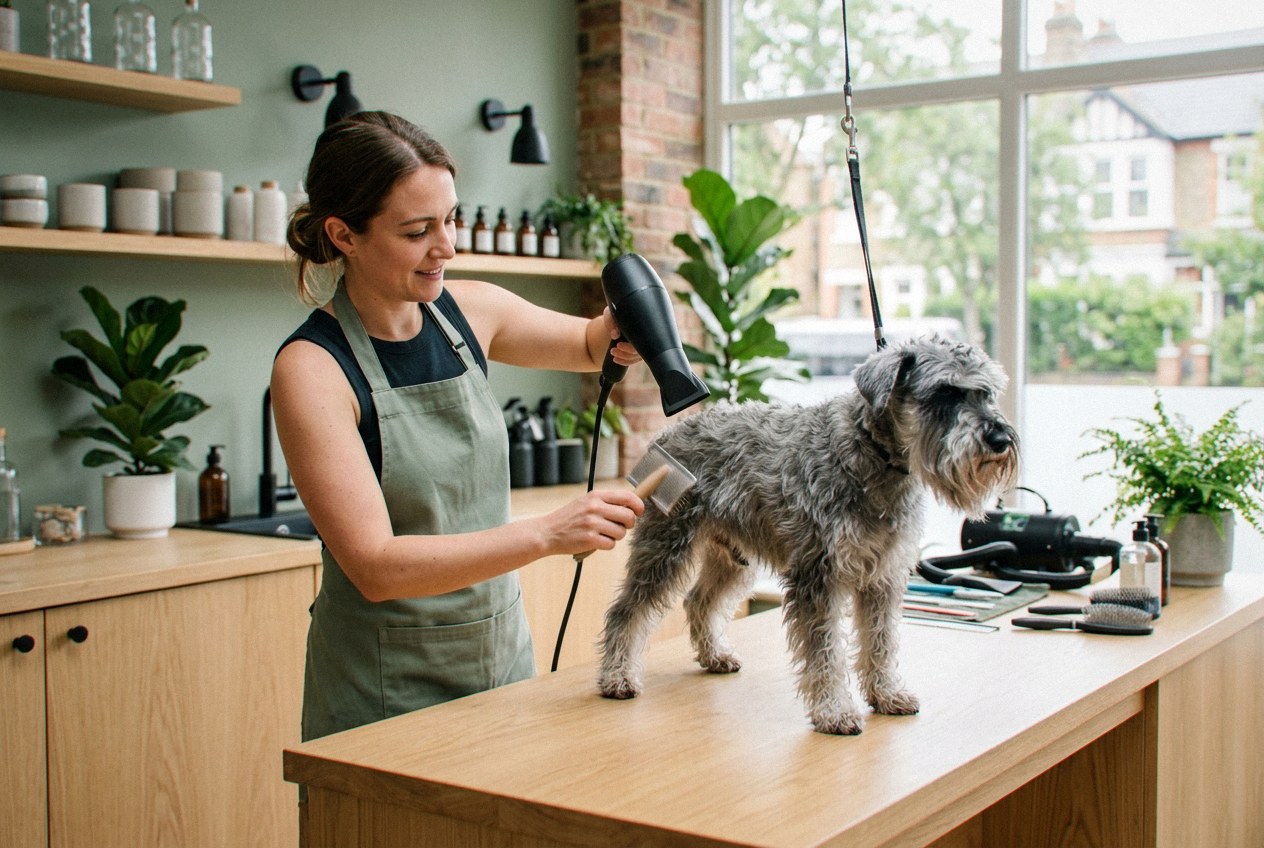 A groomer blow-drying and brushing a schnauzer at Cottonbloom pet grooming salon in Cerro Vista — the full groom includes bath, haircut and style