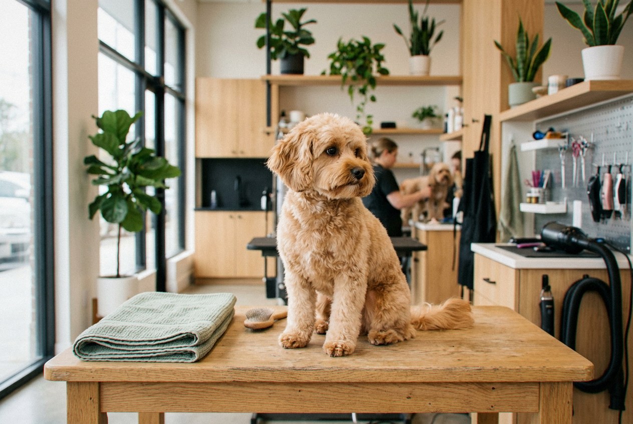 A freshly groomed fluffy apricot cavapoo sitting on the grooming table at Cottonbloom, a neighborhood pet-grooming salon in Cerro Vista — book a small-dog full groom