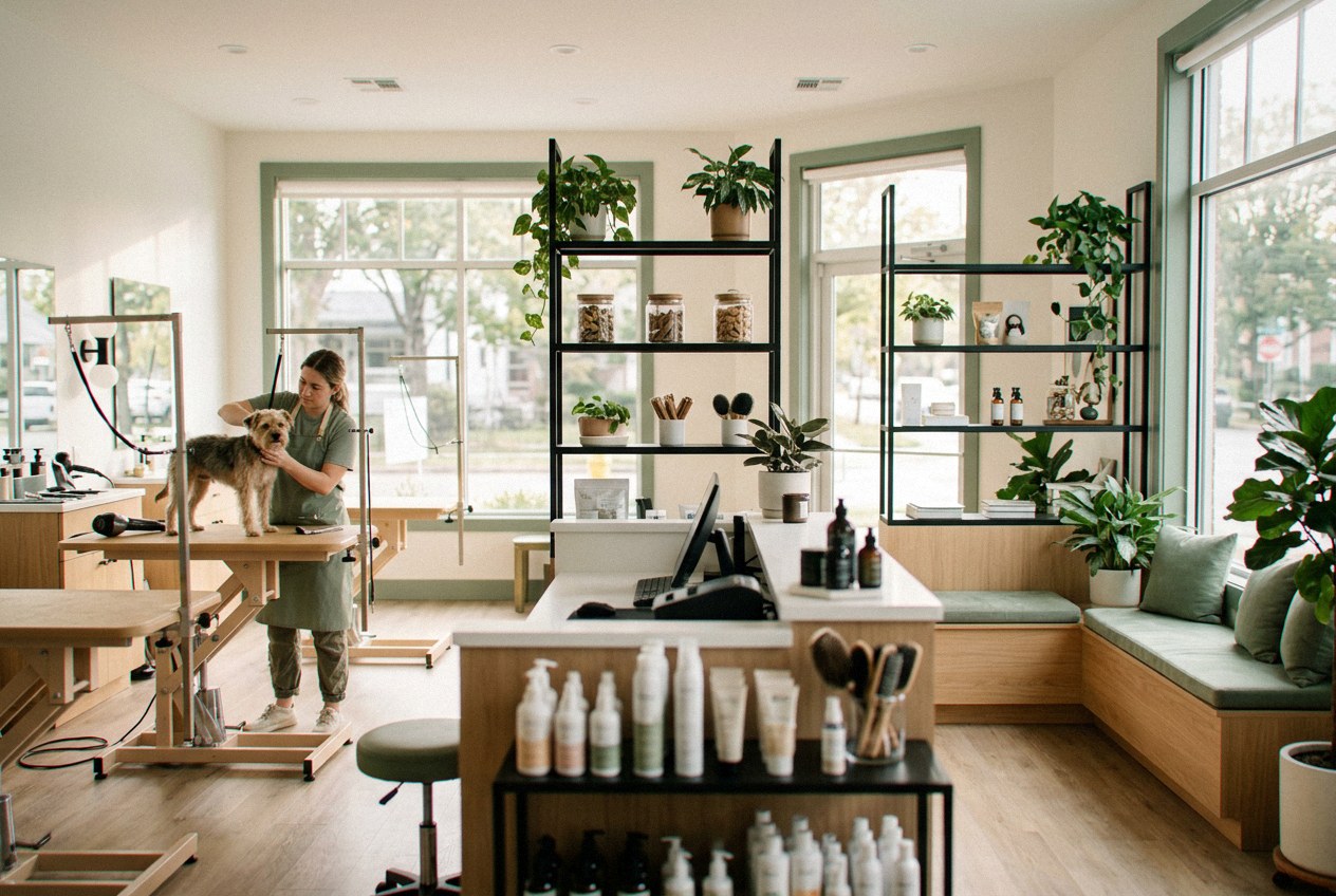 Bright interior of Cottonbloom pet-grooming salon in Cerro Vista — sage cabinets, wooden grooming tables and a calm waiting bench, a low-stress salon