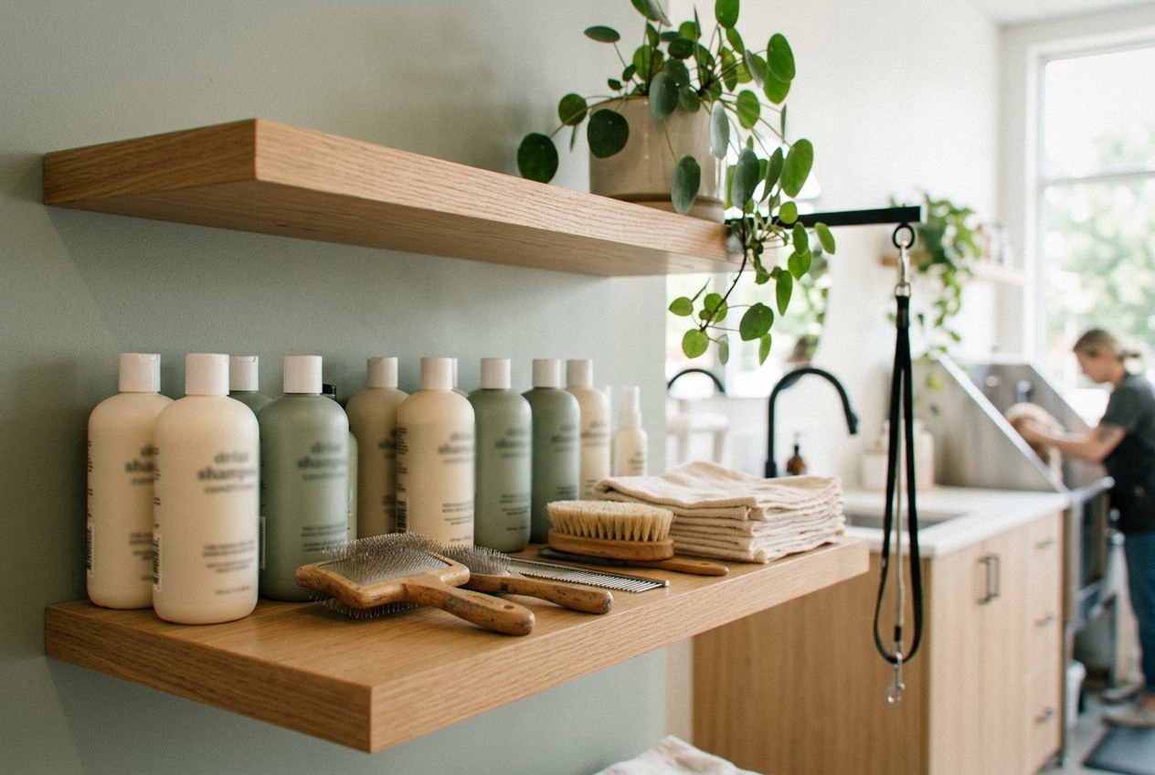 Shelf of natural oatmeal and lavender dog shampoos and brushes at Cottonbloom pet grooming in Cerro Vista — gentle products for sensitive skin
