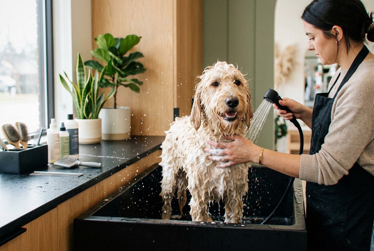 Mid-groom photo text of a goldendoodle enjoying its bath at Cottonbloom pet grooming in Cerro Vista
