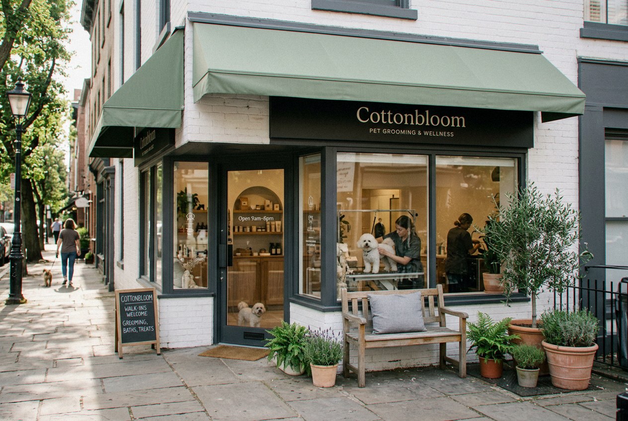 Street view of Cottonbloom pet-grooming salon at 128 Almond Row, Cerro Vista — corner storefront with a sage awning and planters, easy to find for dog grooming near Almond and Vine